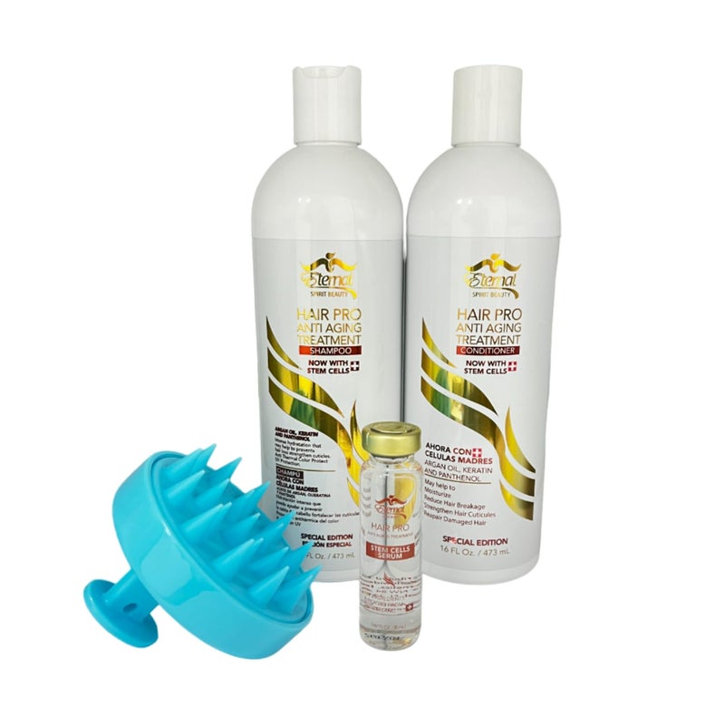 Eternal Spirit Beauty Hair Pro Anti Aging Treatment Shampoo and Conditioner, Serum, Scalp Massager Brush. Revitalize with Swiss Stem Cells, Argan Oils, Keratin. 32 Fl Oz - Image 1