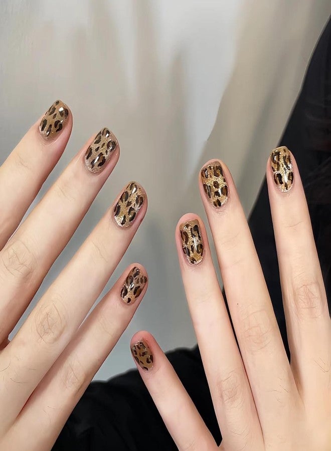 ZMRZ Press on Nails Short Leopard Print Cat Eye False Nails Glossy Bling Fake Nail Tips Artificial Manicure for Women and Girls - 30pcs with Glue Kit (Leopard Print Cat Eye) - Image 1