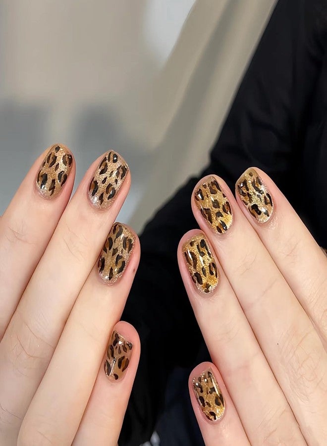 ZMRZ Press on Nails Short Leopard Print Cat Eye False Nails Glossy Bling Fake Nail Tips Artificial Manicure for Women and Girls - 30pcs with Glue Kit (Leopard Print Cat Eye) - Image 2
