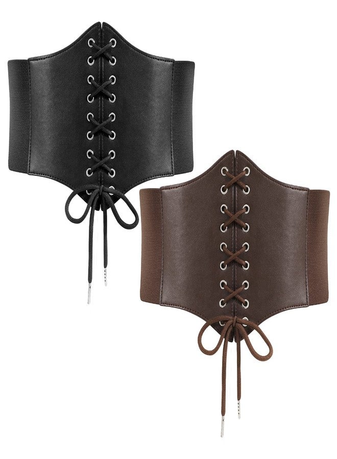 LEACOOLKEY 2 Pack Lace-up Cinch Belts Women Corset Waist Belt Tied Corset Elastic Belt Wide Belt for Women Dress Halloween - Image 1