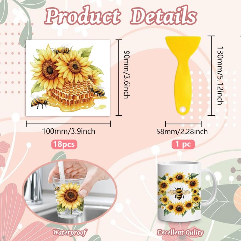 Peacoblue 18 Sheets Rub on Transfers for Crafts, Bees and Sunflowers 3.6"x3.9" UV DTF Cup Wraps Waterproof Rub on Cold Transfers Stickers for Wood Glass Metal Cup Tumblers Mirrors Mugs Home Decor - Image 2