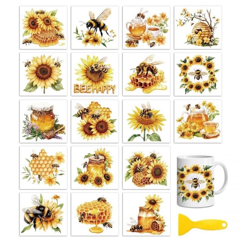 Peacoblue 18 Sheets Rub on Transfers for Crafts, Bees and Sunflowers 3.6"x3.9" UV DTF Cup Wraps Waterproof Rub on Cold Transfers Stickers for Wood Glass Metal Cup Tumblers Mirrors Mugs Home Decor - Image 1
