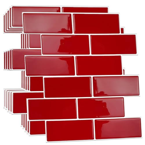 WALPLUS Premium Peel and Stick Kitchen Backsplash Tile Stickers Self Adhesive Stick on Subway Tile 11.8" x 11.8" Bathroom Splashback Water Heat Resistant 3D Wall Tiles Red Glossy - Image 1