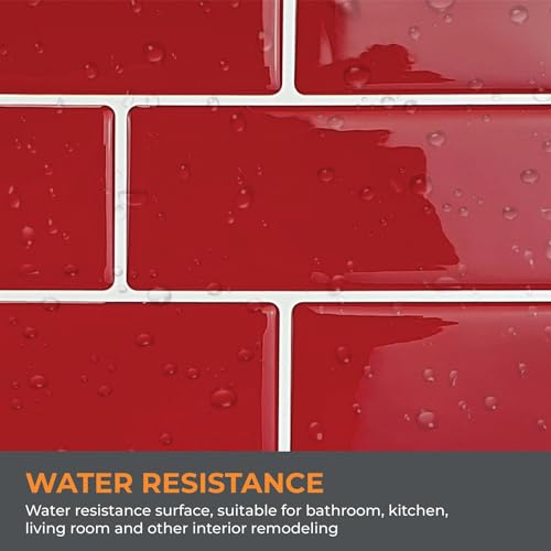 WALPLUS Premium Peel and Stick Kitchen Backsplash Tile Stickers Self Adhesive Stick on Subway Tile 11.8" x 11.8" Bathroom Splashback Water Heat Resistant 3D Wall Tiles Red Glossy - Image 4
