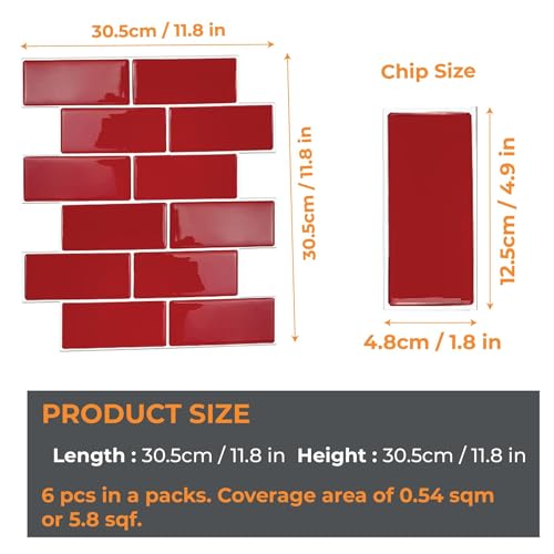 WALPLUS Premium Peel and Stick Kitchen Backsplash Tile Stickers Self Adhesive Stick on Subway Tile 11.8" x 11.8" Bathroom Splashback Water Heat Resistant 3D Wall Tiles Red Glossy - Image 5