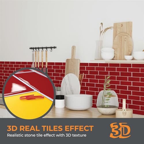 WALPLUS Premium Peel and Stick Kitchen Backsplash Tile Stickers Self Adhesive Stick on Subway Tile 11.8" x 11.8" Bathroom Splashback Water Heat Resistant 3D Wall Tiles Red Glossy - Image 3