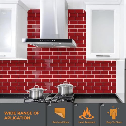 WALPLUS Premium Peel and Stick Kitchen Backsplash Tile Stickers Self Adhesive Stick on Subway Tile 11.8" x 11.8" Bathroom Splashback Water Heat Resistant 3D Wall Tiles Red Glossy - Image 2