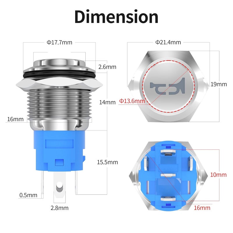 DAIERTEK Horn Button Switch 12 Volt Momentary Push Button Switch 12V Air Horn Button Switch Speaker LED Stainless Steel 16mm Metal Switch for Automotive Car Marine Boat Train - Image 2