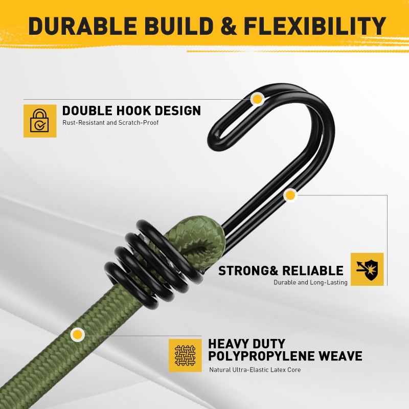 ELEAD حبال مطاطية خضراء بطول 40 بوصة مع خطافات: 10 حبال مطاطية شديدة التحمل للاستخدام الخارجي، مجموعة متنوعة من الحبال المطاطية مع خطافات معدنية، أحزمة مطاطية للتجديف والتخييم وتخزين المرآب - Image 3