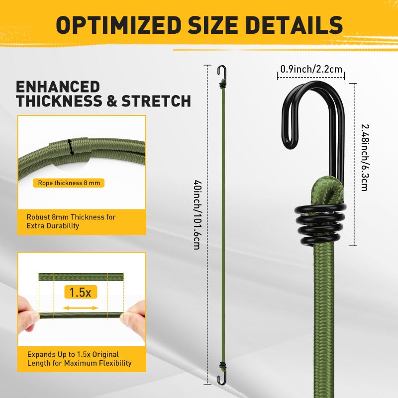 ELEAD حبال مطاطية خضراء بطول 40 بوصة مع خطافات: 10 حبال مطاطية شديدة التحمل للاستخدام الخارجي، مجموعة متنوعة من الحبال المطاطية مع خطافات معدنية، أحزمة مطاطية للتجديف والتخييم وتخزين المرآب - Image 2