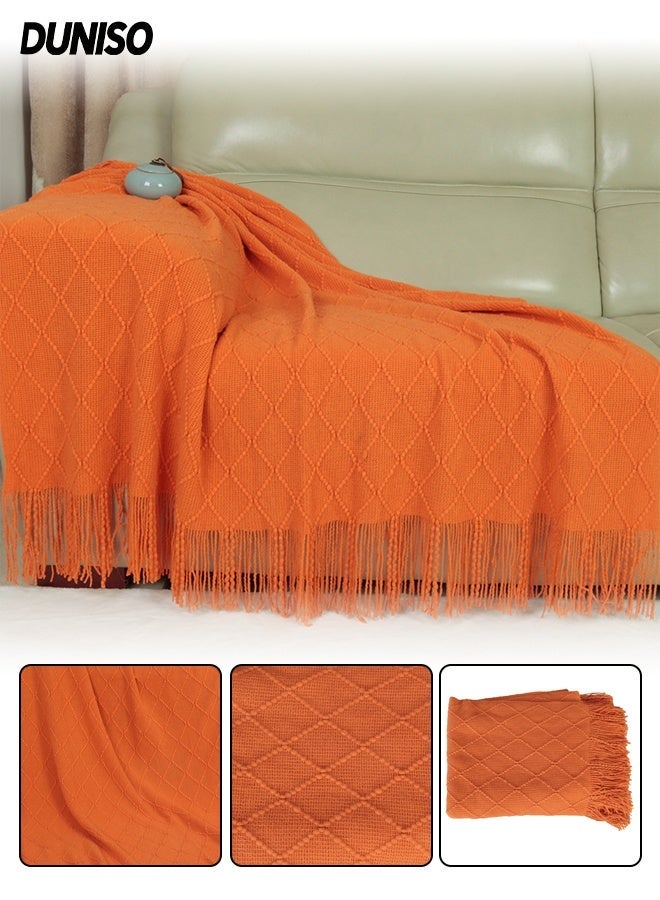 Imitation Cashmere  Knitted Decorative Throw Blanket ,Soft Cozy Knit Blanket with Tassel for Living Room,Study，Sofa,Bed,Office,Home Decoraction,Aircondition Throws,Fit All Seasons and for Women, Men, and Kids ,172×127cm,Orange - Image 1