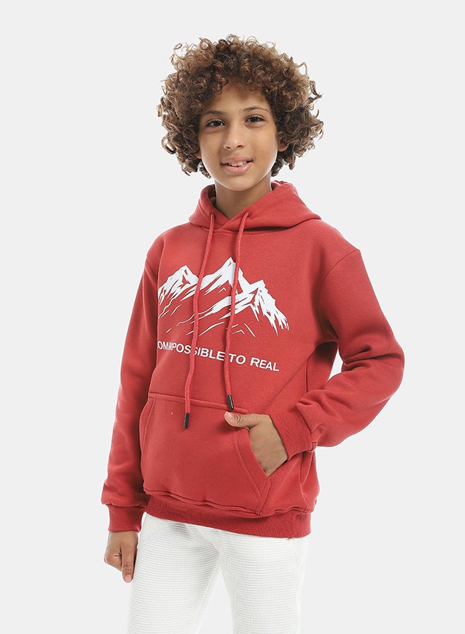 Andora Printed Long Sleeves Hooded With Drawstrings Hoodie - Red - Image 1
