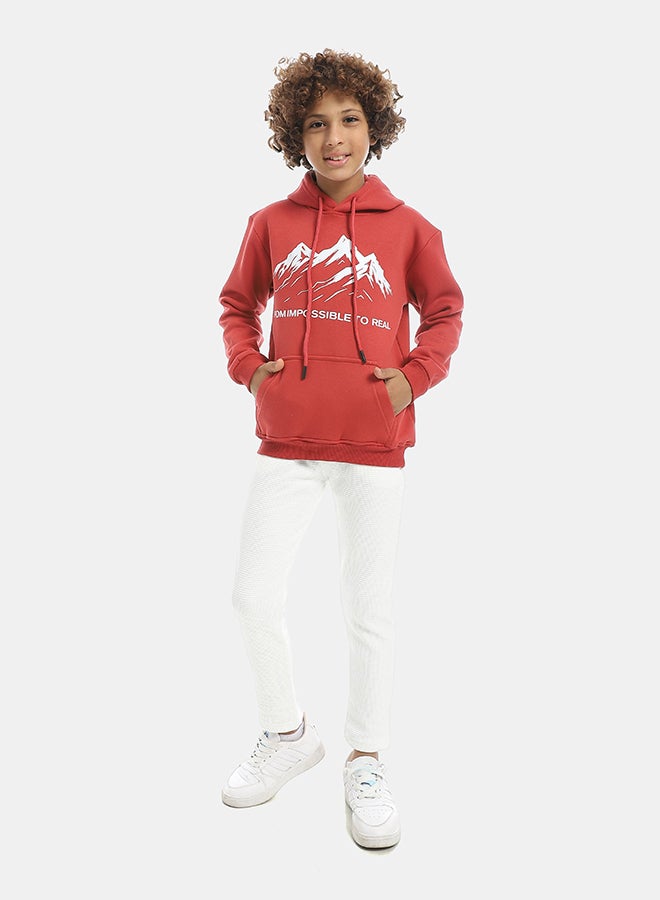 Andora Printed Long Sleeves Hooded With Drawstrings Hoodie - Red - Image 3