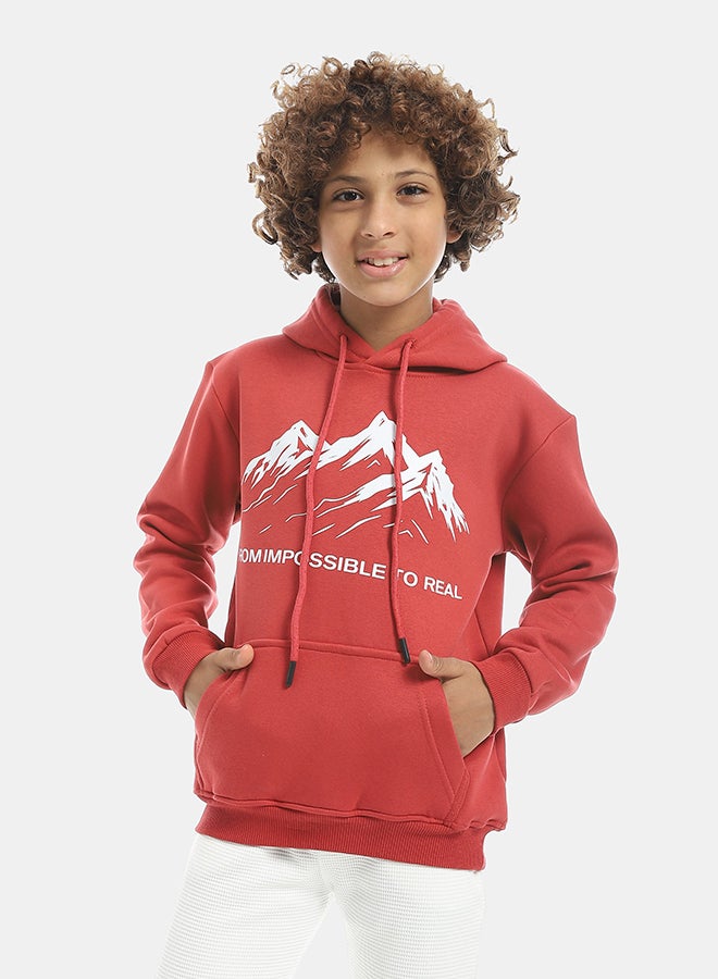 Andora Printed Long Sleeves Hooded With Drawstrings Hoodie - Red - Image 2