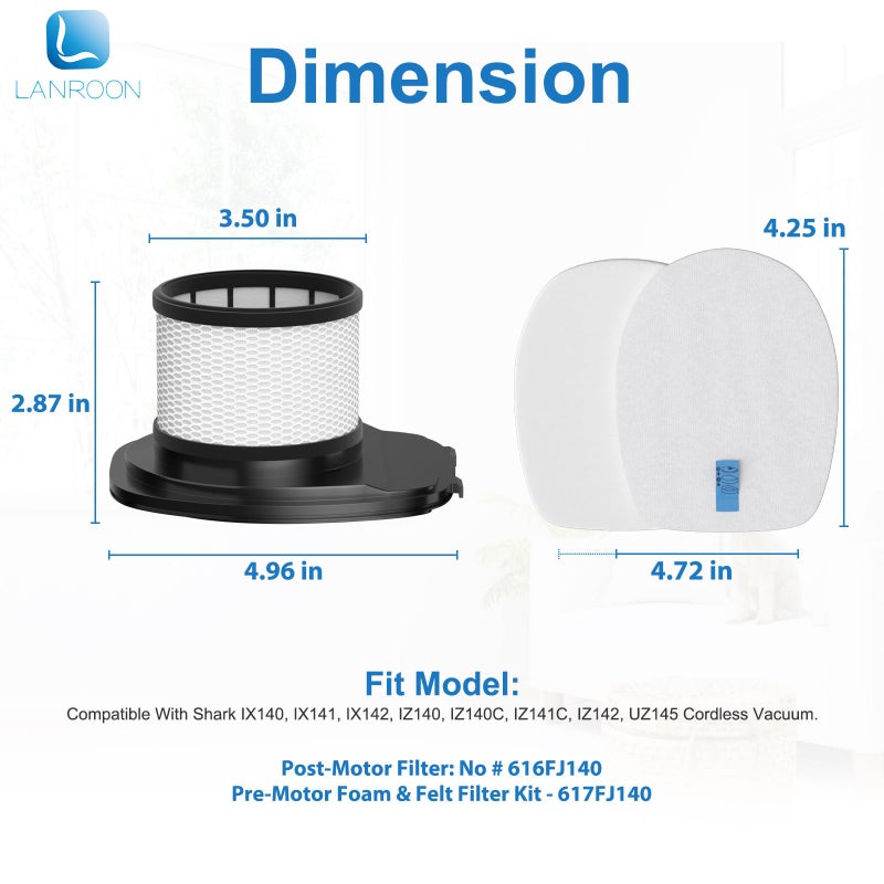LANROON IX141 Filters Fit for Shark IX141 IX140 IZ140 IX142 IZ140C IZ142 UZ145 IZ141C IX141H WZ140 Stick Vacuum, Replace Part 616FJ140 & 617FJ140, 2 Pack HEPA Filter 6 Pack Foam & Felt Filter Kit - Image 3