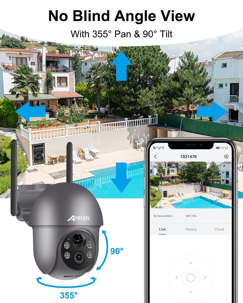 ANRAN 5MP Security Cameras Wireless Outdoor, Solar Camera Wireless with 360° View for Home Surveillance, WiFi Camera with Spotlights, PIR Detection, Color Night Vision, Siren Alarm, Q1 Max Grey - Image 2