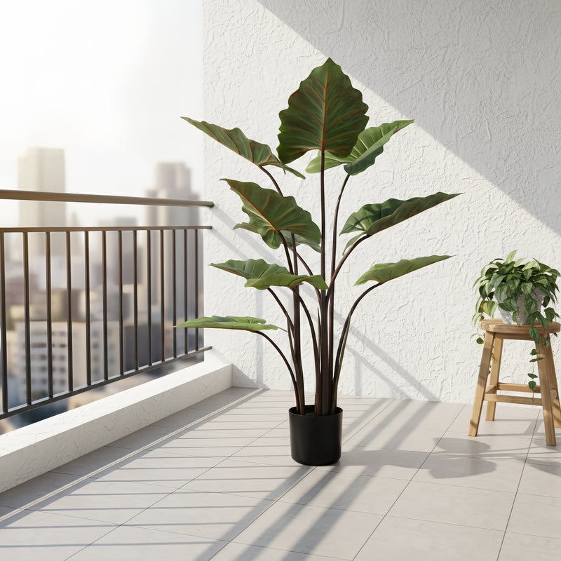 شاربدو نبتة قلقاس قوس قزح خضراء اصطناعية في أصيص، مع أصيص زهور أسود، مناسبة لتزيين المنزل والمكتب وغرفة المعيشة - Image 1