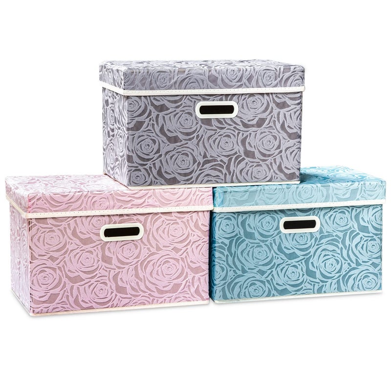 PRANDOM Larger Collapsible Storage Cubes with Lids Fabric Decorative Storage Bins Boxes Organizer Containers Baskets with Cover Handles for Bedroom Closet Living Room 17.7x11.8x11.8 Inch 3 Pack - Image 1