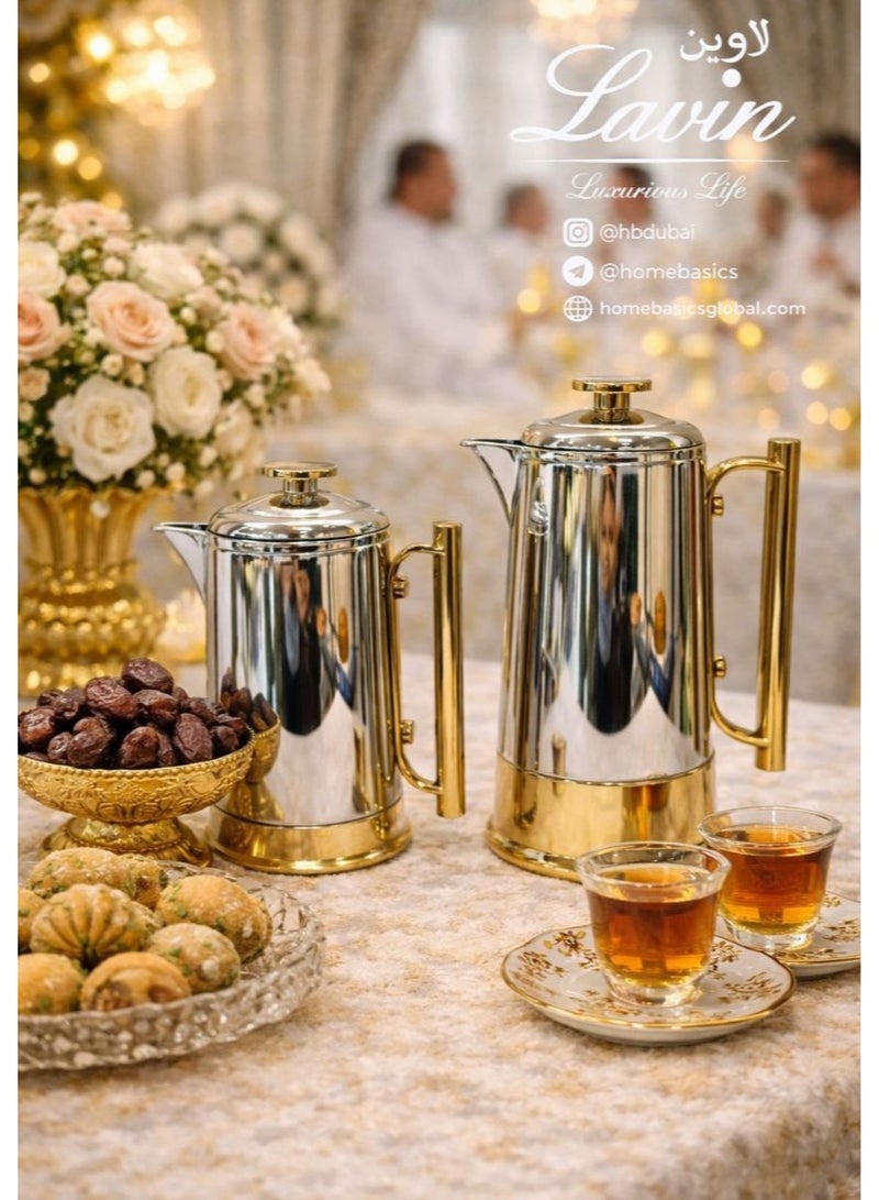 لافين طقم قارورة لافين الفاخرة 600 مل + 1 لتر / ثيرموس قهوة (قهوة) وشاي على الطراز العربي / داخل زجاجي فاخر / ساخن وبارد / فضي لامع + ذهبي - Image 1