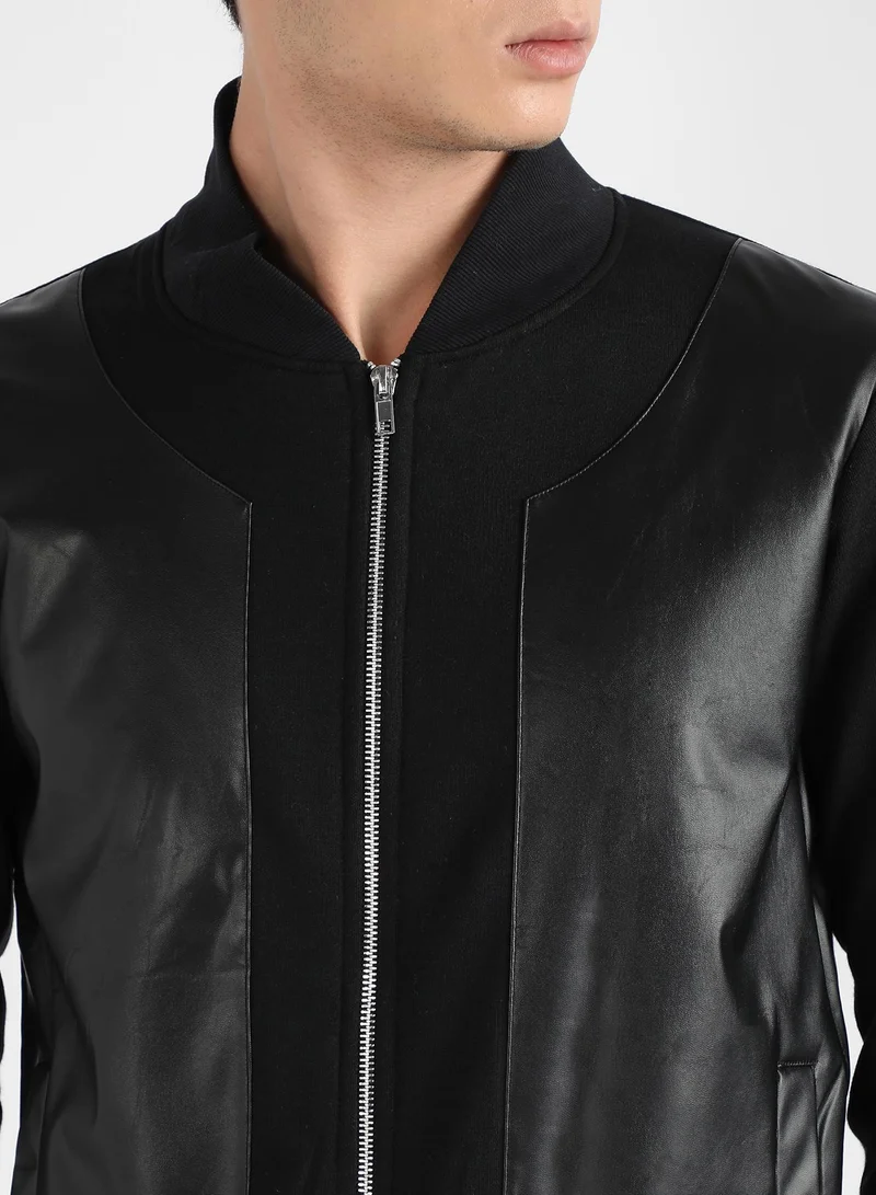 Campus Sutra Men's Black Zip-Front Jacket With Ribbed Hem