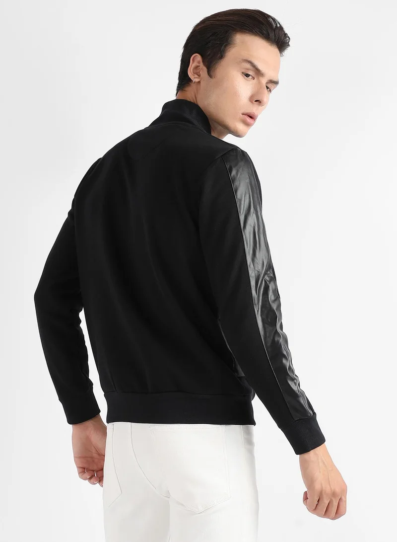 Campus Sutra Men's Black Zip-Front Jacket With Ribbed Hem