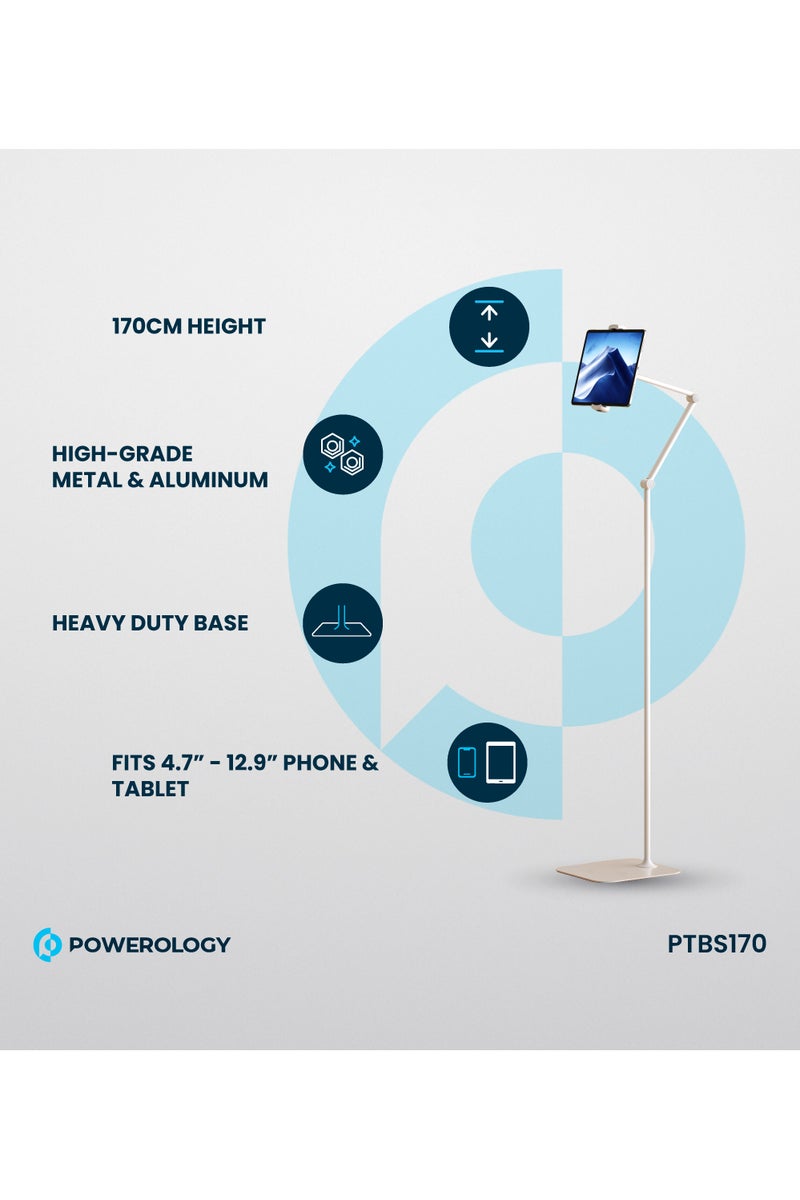 Powerology Adjustable And Rotatable Tablet Stand with Metal Base / 170cm Max Height / High-Grade Metal & Aluminum / 360° Rotating Head - White - Image 2