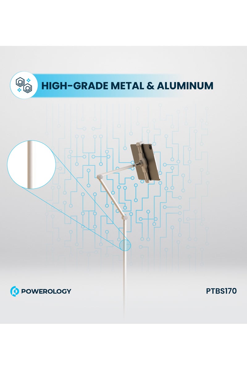 Powerology Adjustable And Rotatable Tablet Stand with Metal Base / 170cm Max Height / High-Grade Metal & Aluminum / 360° Rotating Head - White - Image 4