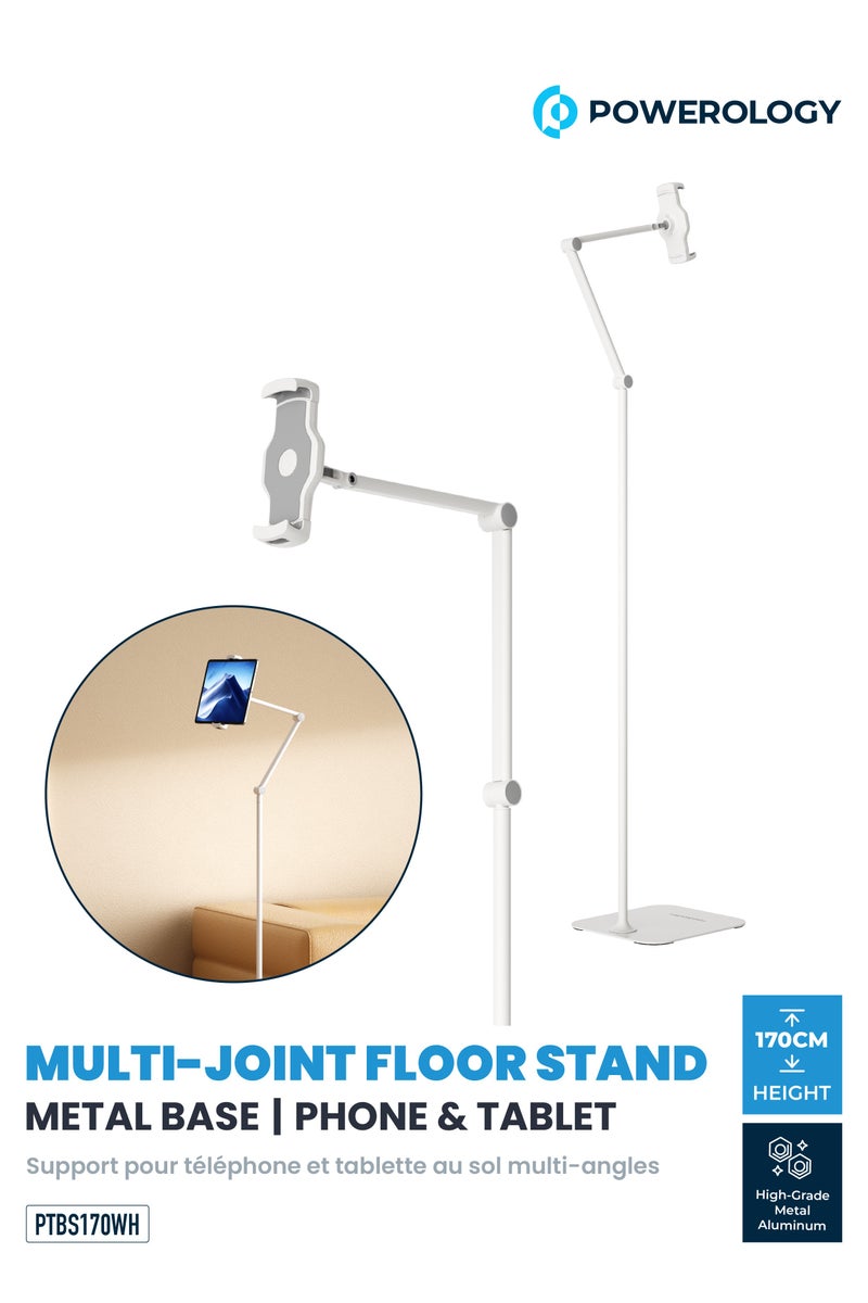 Powerology Adjustable And Rotatable Tablet Stand with Metal Base / 170cm Max Height / High-Grade Metal & Aluminum / 360° Rotating Head - White - Image 1