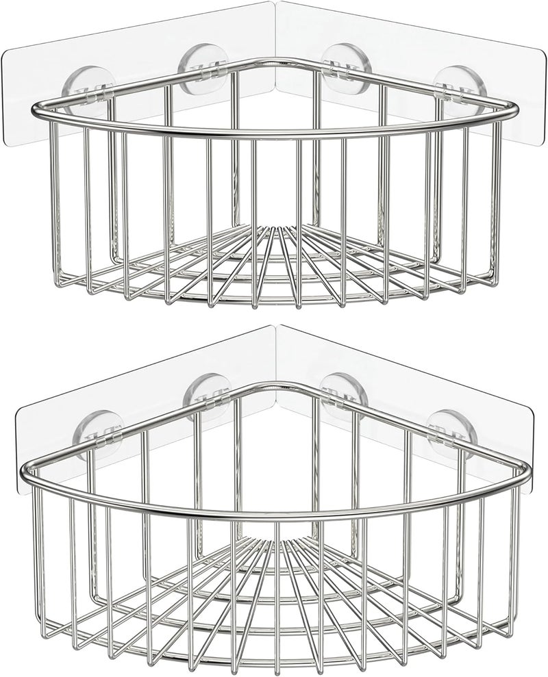 SMARTAKE 2-Pack Corner Shower Caddy Deep Basket Design, SUS304 Stainless Steel, Wall Mounted Bathroom Shelf with Adhesive, Storage Organizer for Toilet, Dorm and Kitchen (Silver) - Image 1