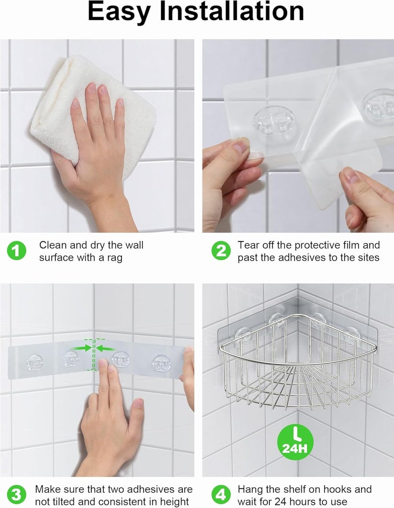 SMARTAKE 2-Pack Corner Shower Caddy Deep Basket Design, SUS304 Stainless Steel, Wall Mounted Bathroom Shelf with Adhesive, Storage Organizer for Toilet, Dorm and Kitchen (Silver) - Image 4