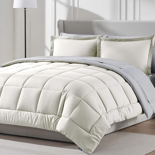 Nestl 7 Piece Queen Comforter Set Off White Reversible Bed in a Bag Complete Queen Size Bedding Set with Sheets Pillowcases and Shams - Image 1