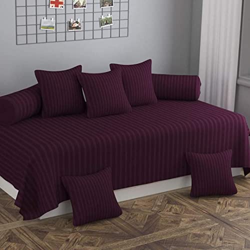 Castiqa Satin Fabric Stripes Pattern Diwan Set of 8 Pcs One Single Bed Sheet with 5 Cushion Covers and 2 Bolster Covers (Wine) - Image 1