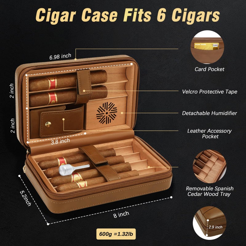 Tisfa Cigar Humidor  Leather Cedar Wood Cigar Case With Cigar Lighter  V Cut Cigar Cutter  Cigar Holder 3 In 1  Portable Travel Cigar Humidor Box With Humidifier (Brown) - Image 2