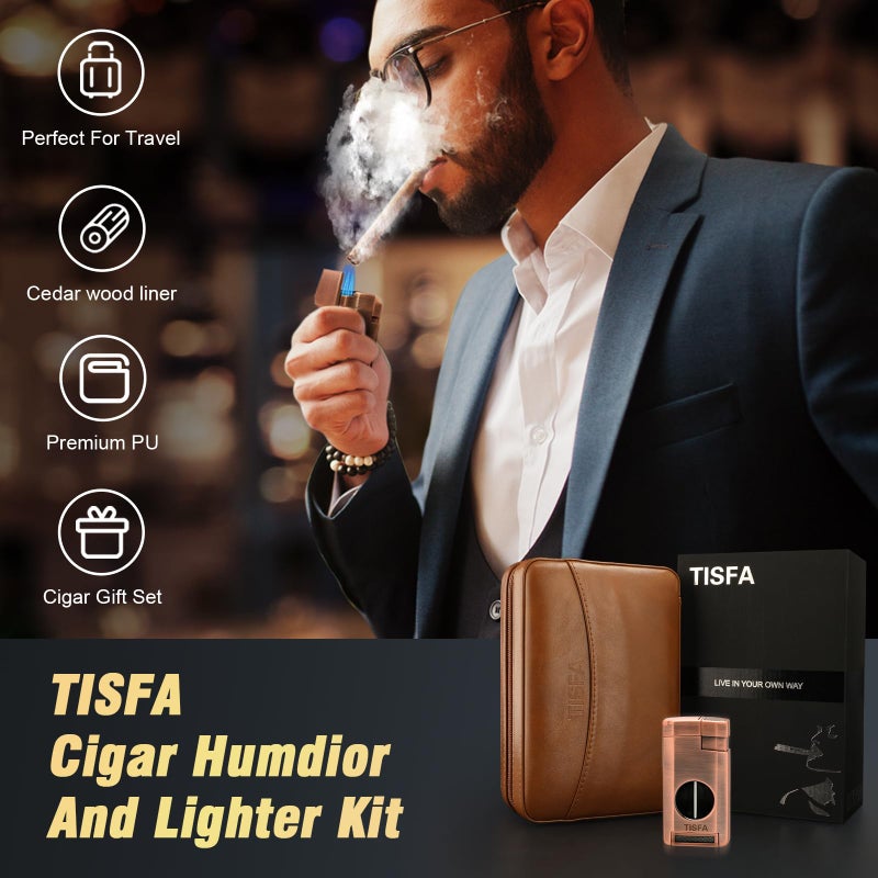 Tisfa Cigar Humidor  Leather Cedar Wood Cigar Case With Cigar Lighter  V Cut Cigar Cutter  Cigar Holder 3 In 1  Portable Travel Cigar Humidor Box With Humidifier (Brown) - Image 4