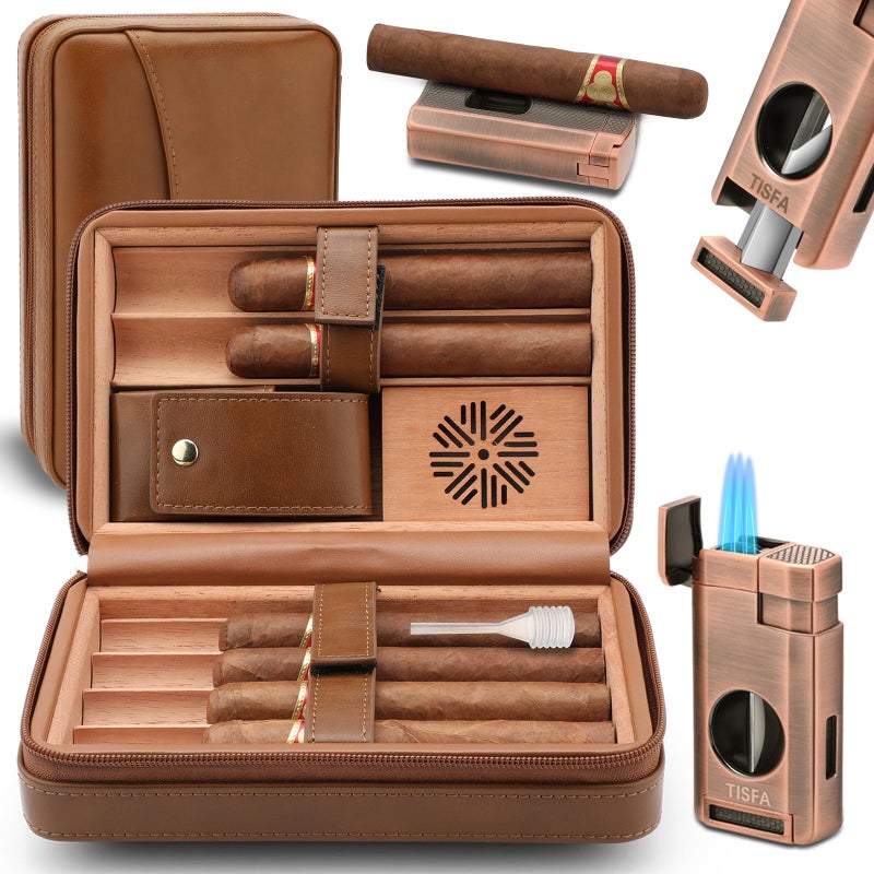 Tisfa Cigar Humidor  Leather Cedar Wood Cigar Case With Cigar Lighter  V Cut Cigar Cutter  Cigar Holder 3 In 1  Portable Travel Cigar Humidor Box With Humidifier (Brown) - Image 1
