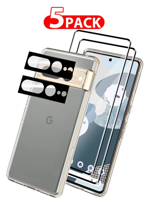 5 Packs For Google Pixel 7 Pro TPU Case and 2 Screen Protectors and 2 Camera Lens Protectors Clear Anti-Yellowing Transparent Shockproof Case Scratch Resistant Cover