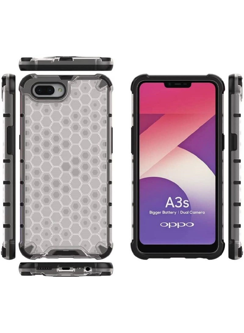 Case For Oppo A3s / Oppo A5   , -   Brushed Dual Protective Shockproof Case - With Ultra Protection For Camera - Black Edges Transparent Beehive Back - Image 3