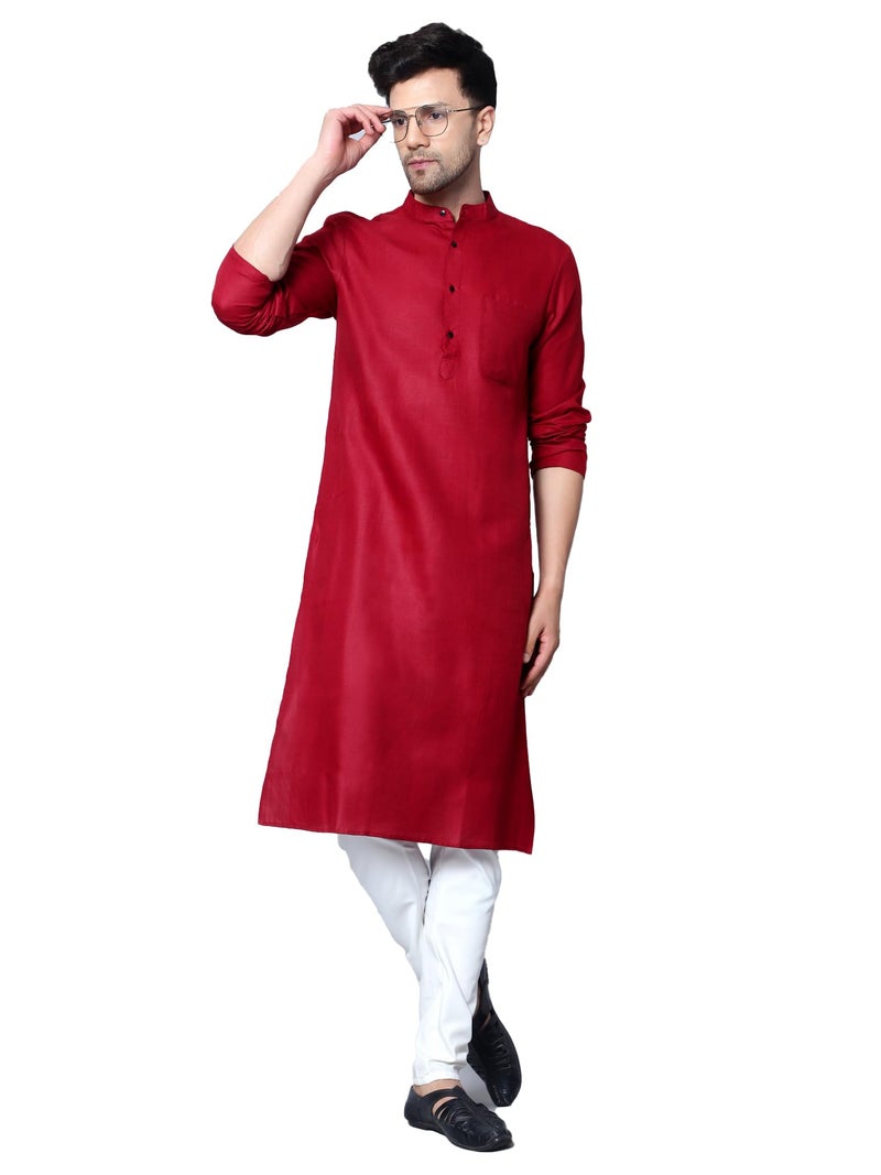 LATEST CHIKAN Men's Cotton Blend Solid Long Kurta Full Sleeves - Casual Ethnic Wear -LCA-LK-MGK-R-42 Red - Image 1