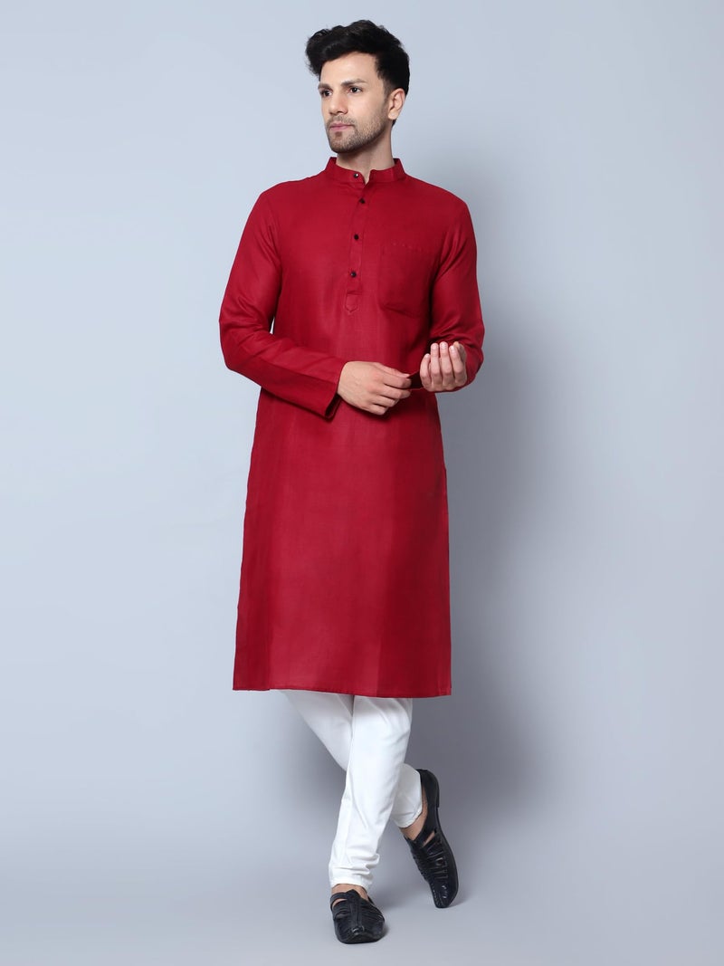 LATEST CHIKAN Men's Cotton Blend Solid Long Kurta Full Sleeves - Casual Ethnic Wear -LCA-LK-MGK-R-42 Red - Image 2