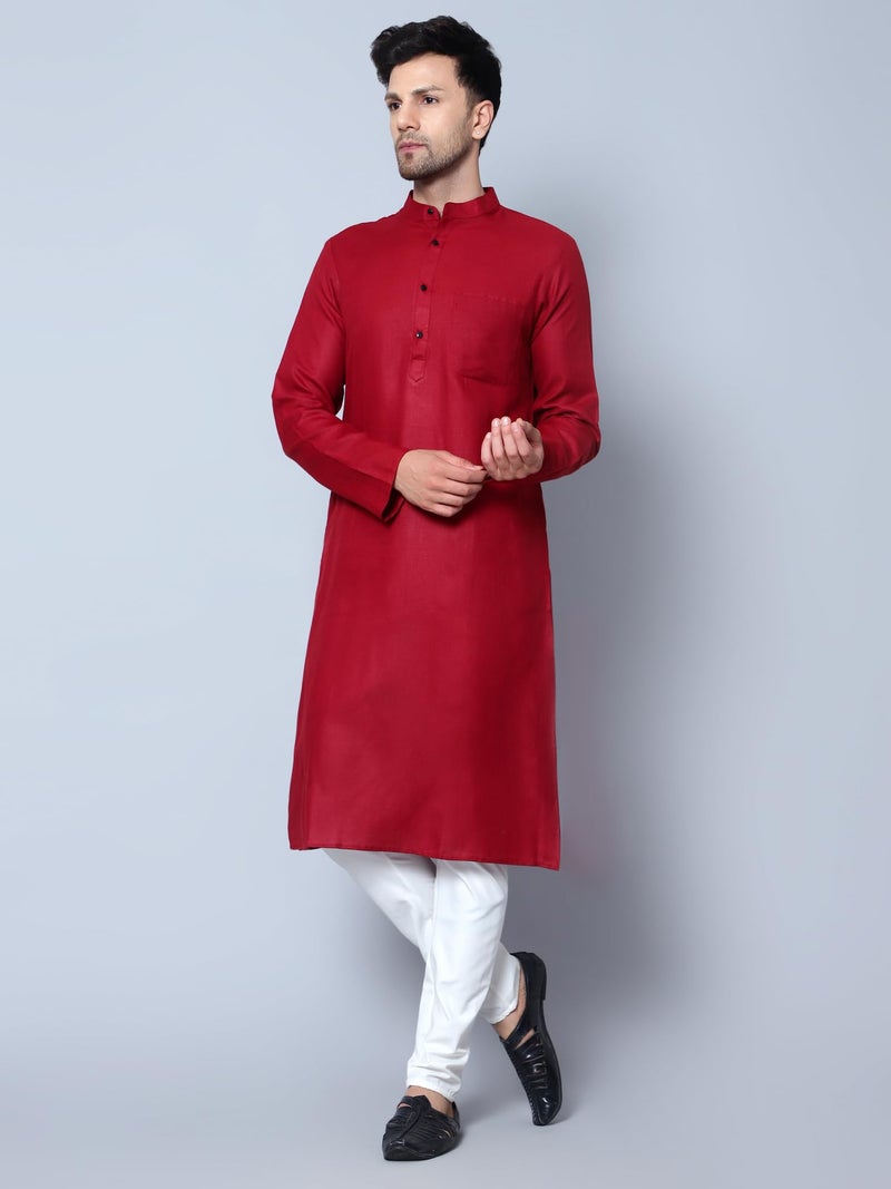 LATEST CHIKAN Men's Cotton Blend Solid Long Kurta Full Sleeves - Casual Ethnic Wear -LCA-LK-MGK-R-42 Red - Image 4