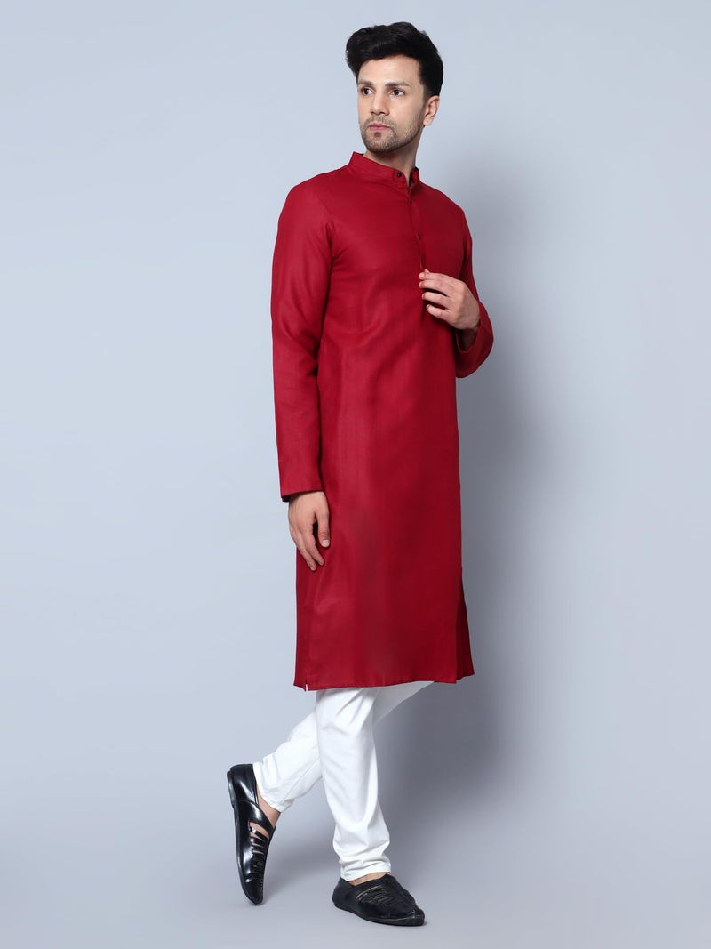 LATEST CHIKAN Men's Cotton Blend Solid Long Kurta Full Sleeves - Casual Ethnic Wear -LCA-LK-MGK-R-42 Red - Image 3