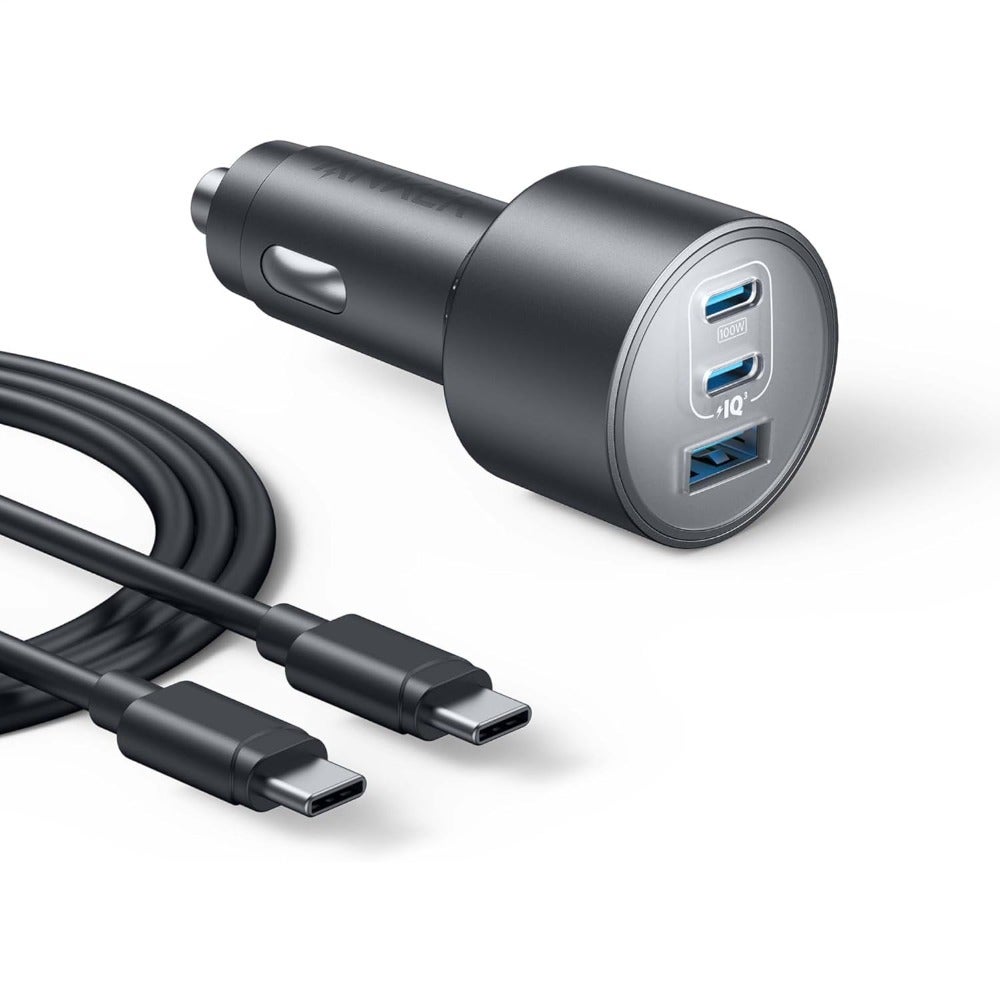 Car charger for fast charging, aluminum alloy body, black color, ultra-compact design with 167.5W max 3-port USB-C output