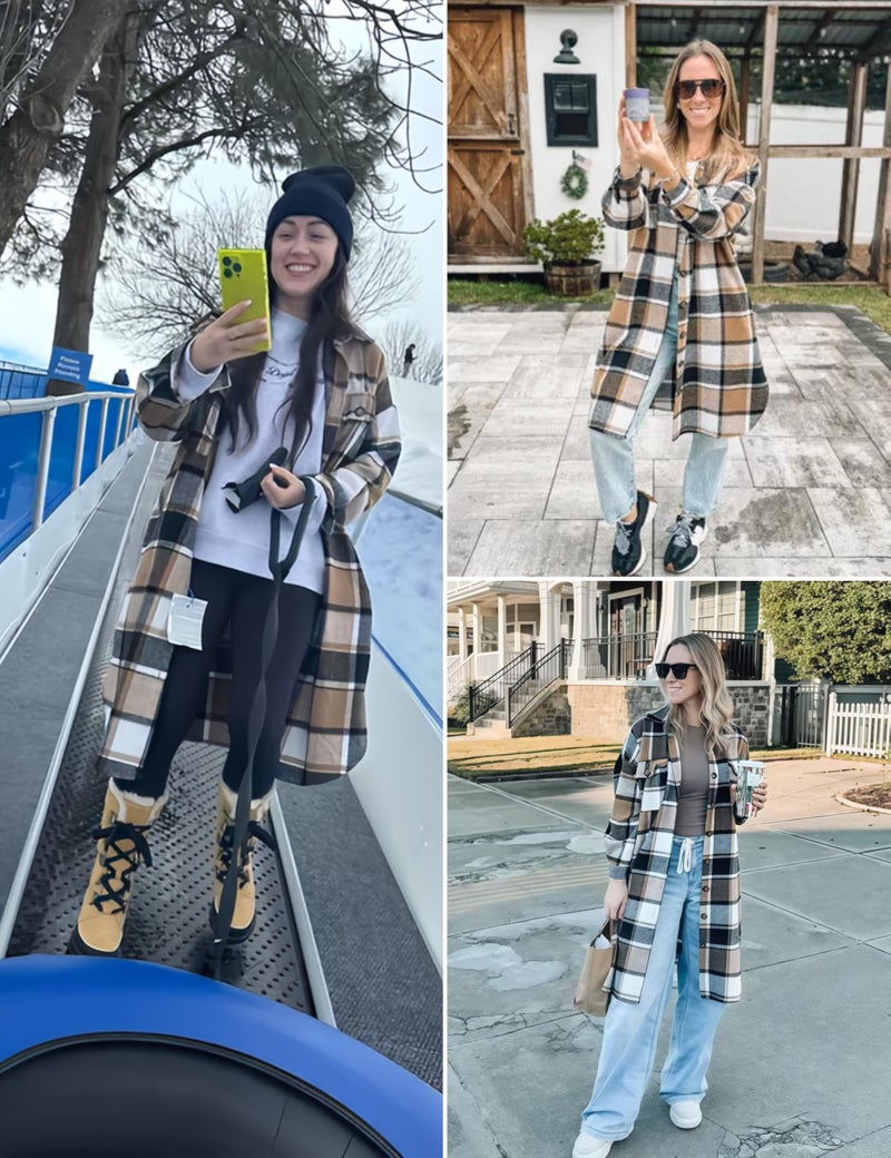 PUWEI Women's Casual Lapel Button Down Long Plaid Shirt Coat Tartan Shacket Jacket(1370-Brown-XXL) - Image 3