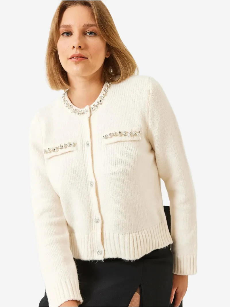 Bianco Lucci LUCCI Long Sleeve Textured Knit Cardigan with Pompom