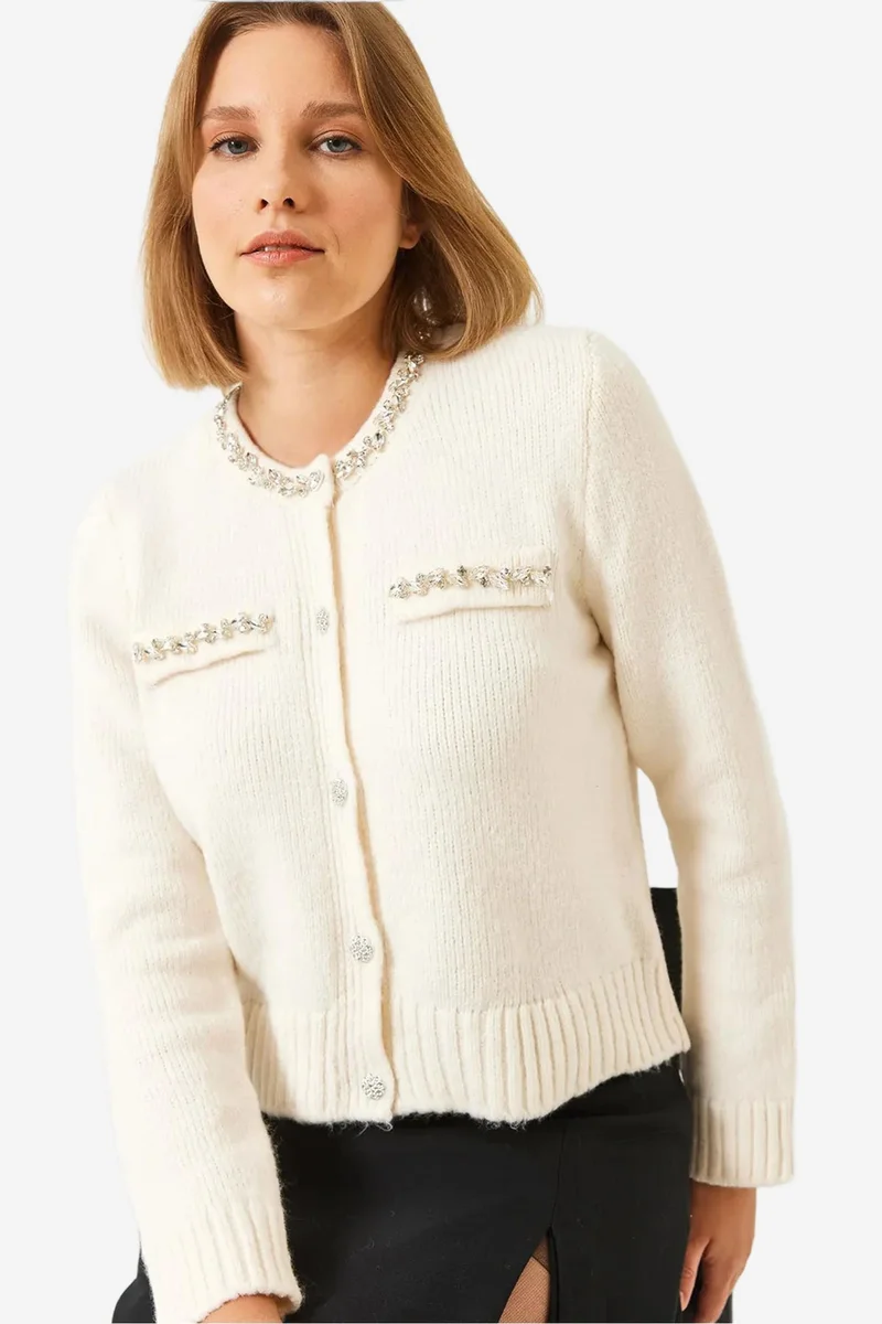 Bianco Lucci LUCCI Long Sleeve Textured Knit Cardigan with Pompom