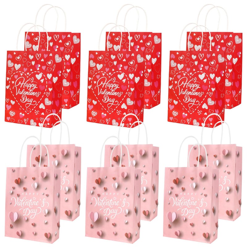 eowqeiur Valentines Gift Bags 12 PCS Valentine Paper Bags with Handles for Gifts Treat Goodie Candy Snack Goody Cookie Wrap Galentines Valentines Day Party Favors Supplies Decorations Kids Class Baggies Pouch - Image 1