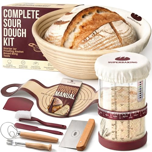 Superbaking Sourdough Starter Kit, 9" Splinter-Free Banneton Bread Proofing Basket Set with Non-Stick Silicone Dough Sling & Glass Starter Jar Kit, Sourdough Bread Baking Supplies, Sourdough Tools - Image 1