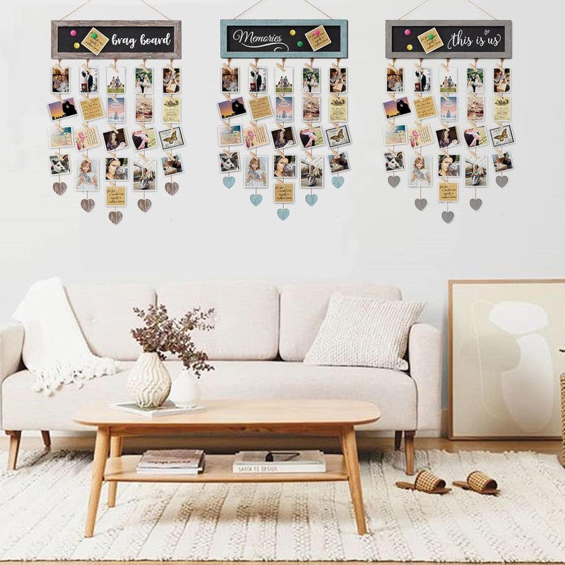 EXQUIDECA Picture Frames Brown Wood Collage Display Board with 30 Clips - Multip photo Cards Organizer with Adjustable Twines and Magnetic Chalkboard - Wall Hanging Picture Holder 15.7x5 Inch - Image 5