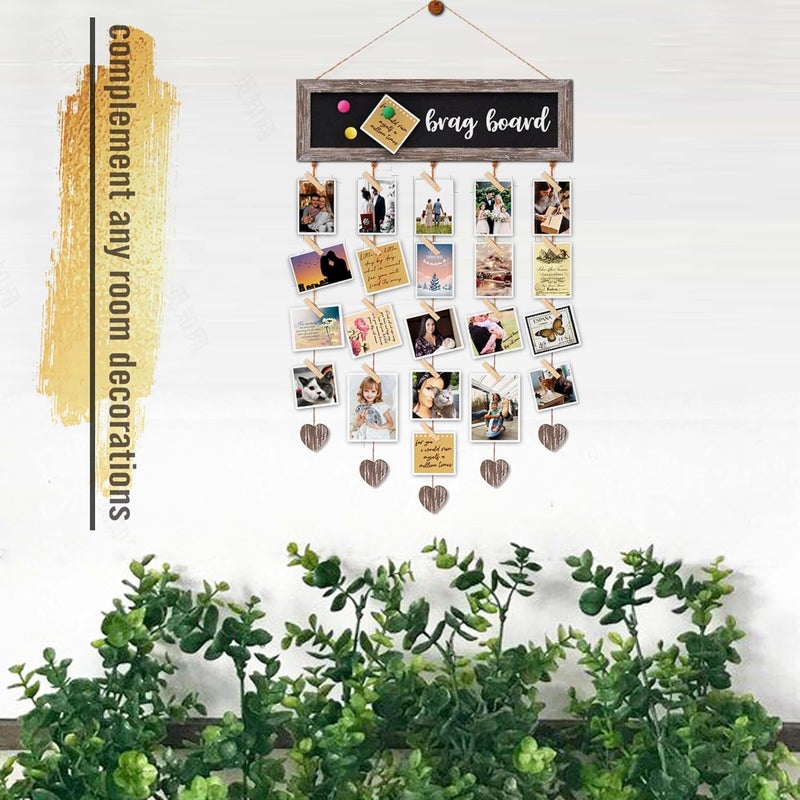 EXQUIDECA Picture Frames Brown Wood Collage Display Board with 30 Clips - Multip photo Cards Organizer with Adjustable Twines and Magnetic Chalkboard - Wall Hanging Picture Holder 15.7x5 Inch - Image 4