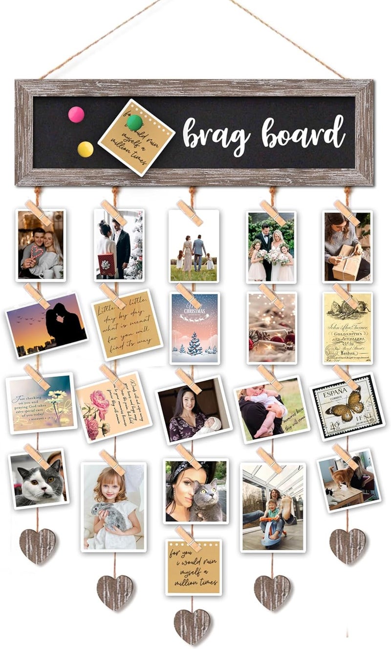 EXQUIDECA Picture Frames Brown Wood Collage Display Board with 30 Clips - Multip photo Cards Organizer with Adjustable Twines and Magnetic Chalkboard - Wall Hanging Picture Holder 15.7x5 Inch - Image 1